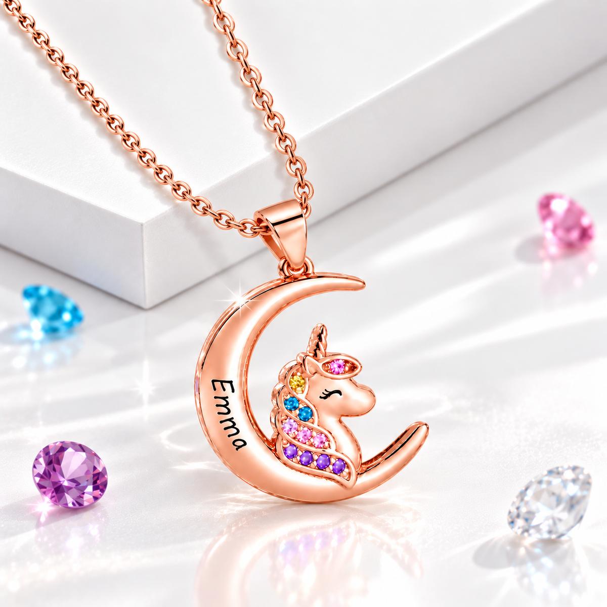 Rose gold personalized unicorn necklace with crescent moon pendant for girls