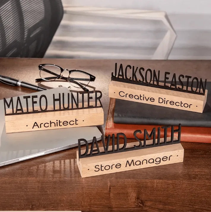 Custom Natural Oak Desk Name Plate - Laser-Cut Personalized Office Sign for Professionals, Teachers, Doctors - Elegant Office Decor & Gift - Belbren