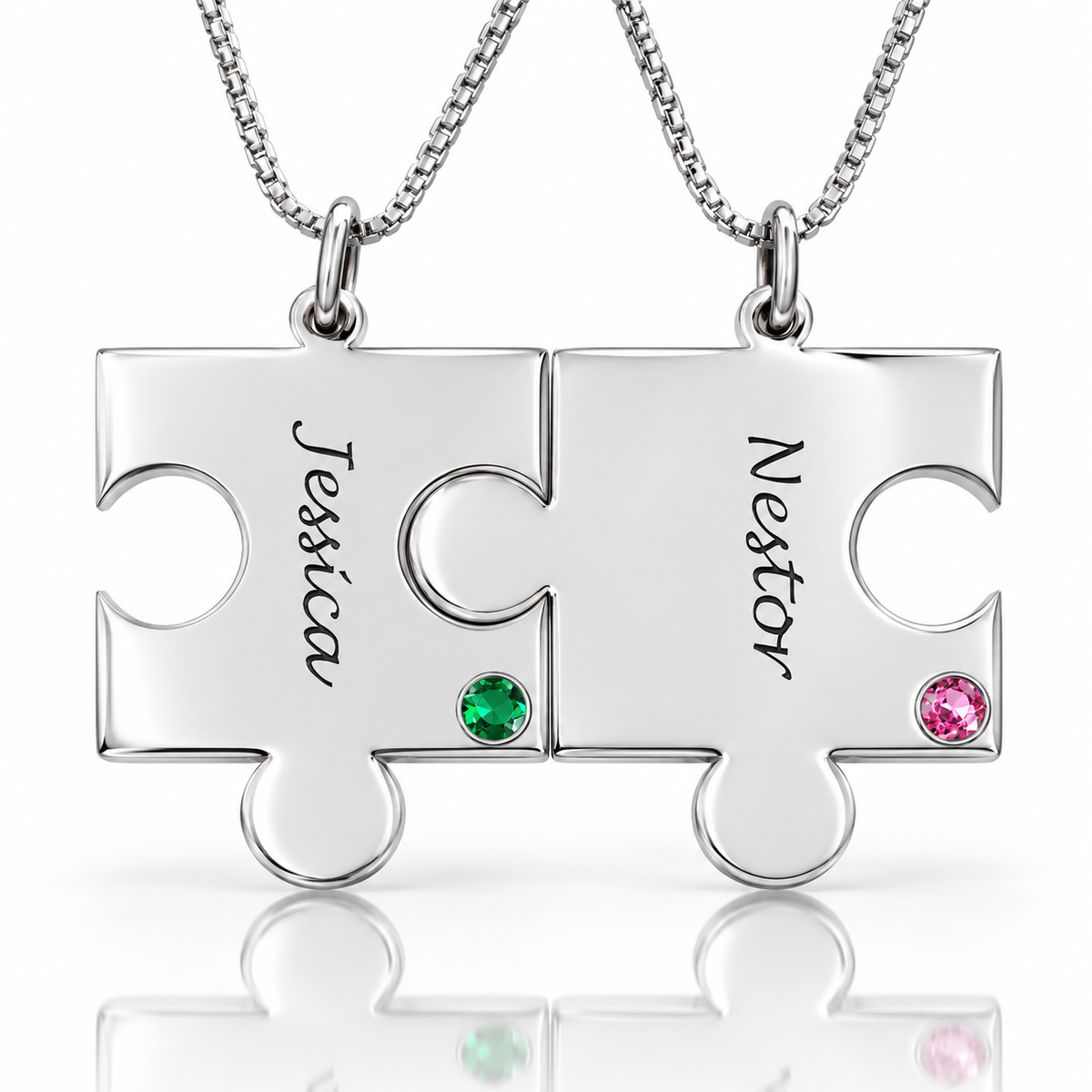 Custom engraved couple puzzle necklaces with green and pink birthstones