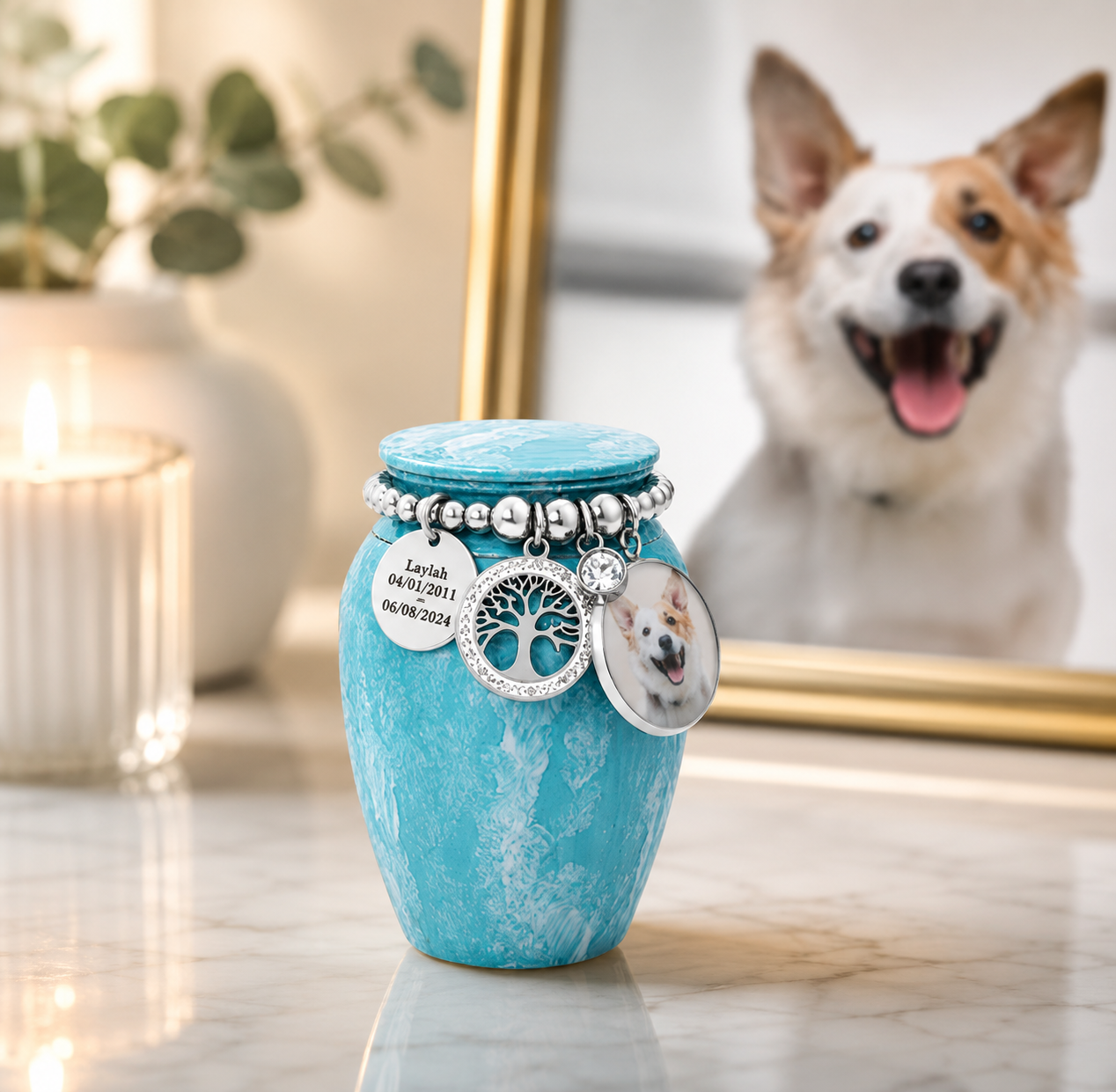 Custom photo pet cremation urn with tree of life charm, personalised keepsake for dog or cat ashes.