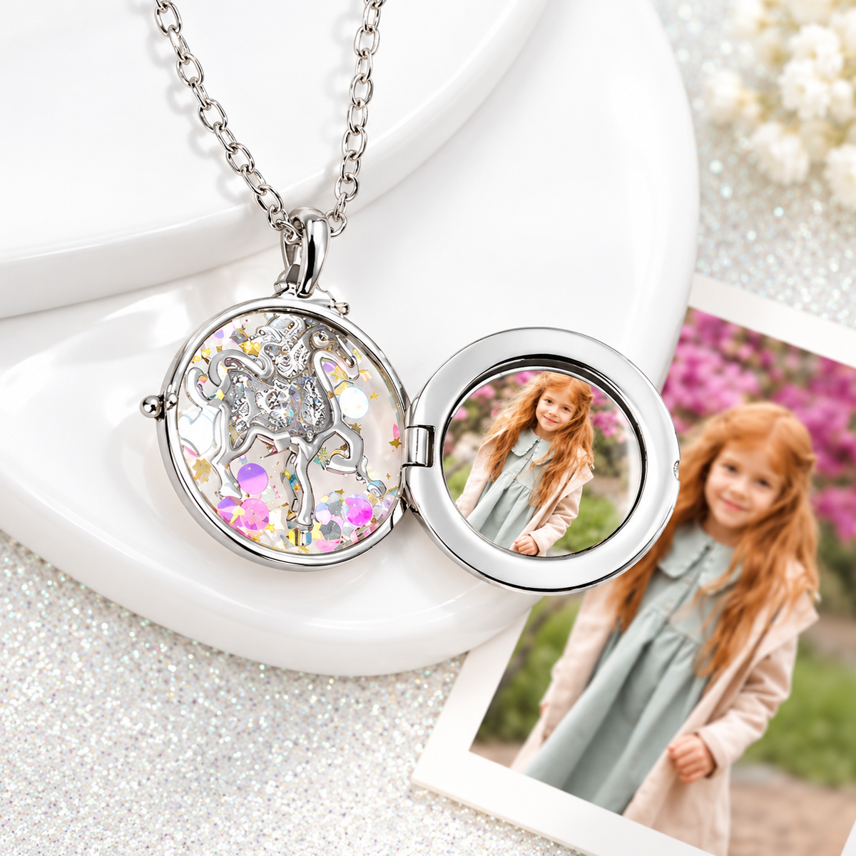Round unicorn photo locket necklace with personalized photo keepsake