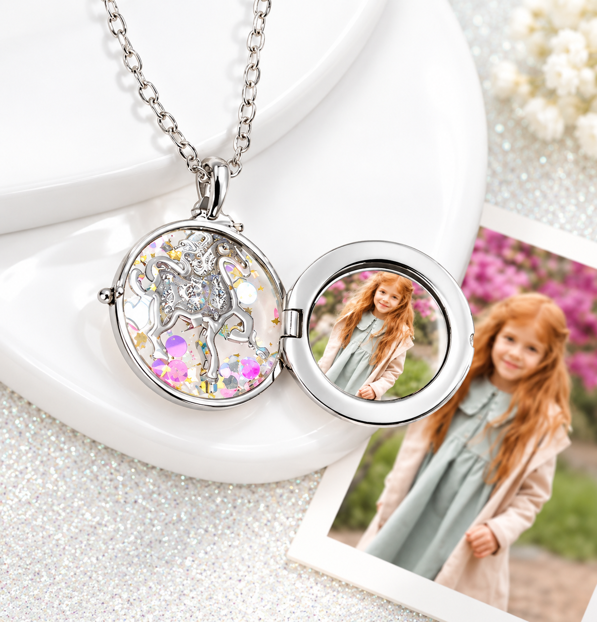 Round unicorn photo locket necklace with personalized photo keepsake