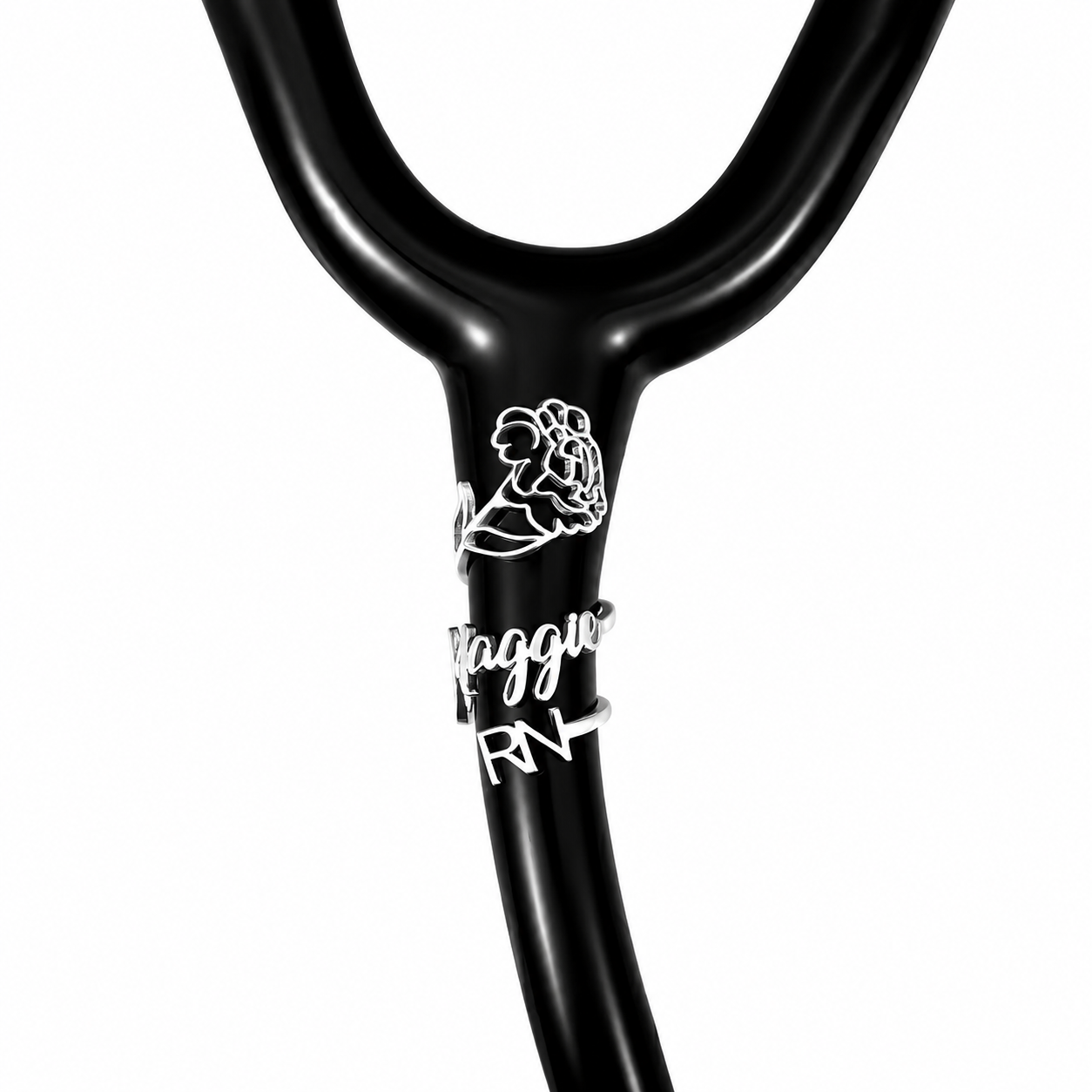 Platinum finish personalized birth flower name tag on black stethoscope