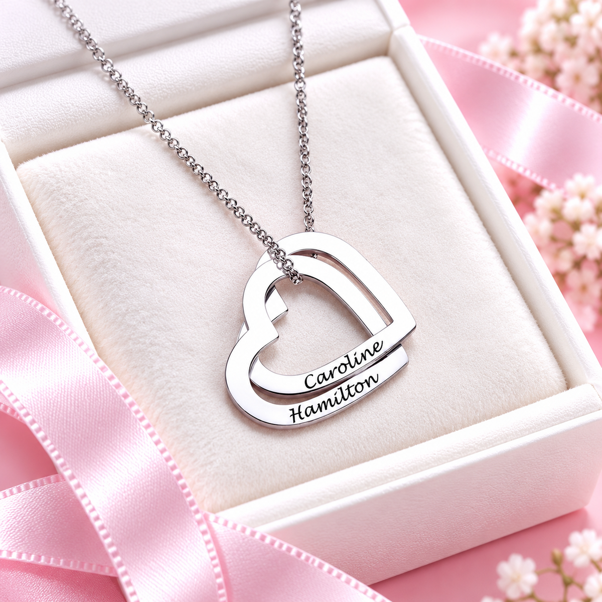 Sterling silver interlocking hearts necklace with two engraved names