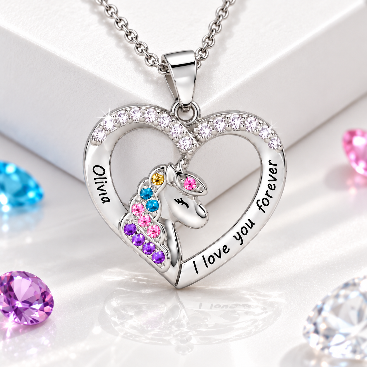 Silver engraved unicorn heart necklace for girls with custom message