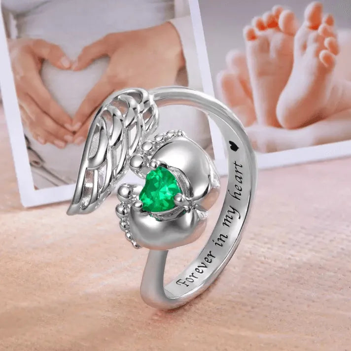 Customizable Baby Feet Angel Wings Birthstone Ring in Sterling Silver or Brass – Personalized Memorial Jewelry for New Moms - Belbren