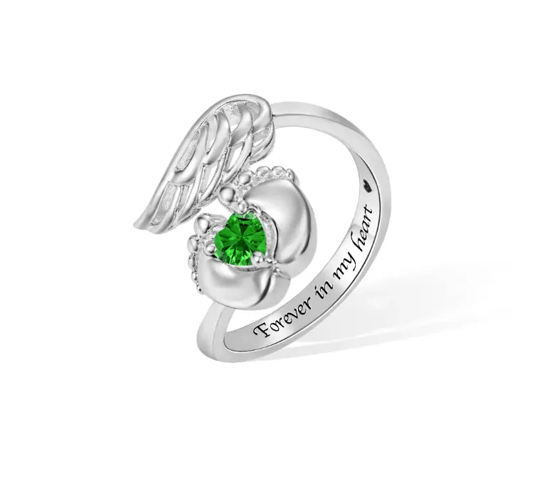 Customizable Baby Feet Angel Wings Birthstone Ring in Sterling Silver or Brass – Personalized Memorial Jewelry for New Moms - Belbren