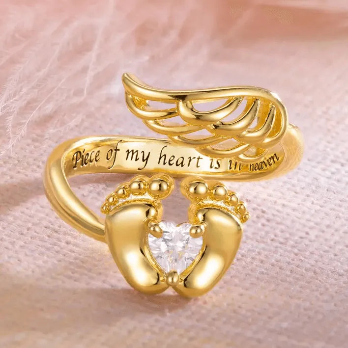 Customizable Baby Feet Angel Wings Birthstone Ring in Sterling Silver or Brass – Personalized Memorial Jewelry for New Moms - Belbren