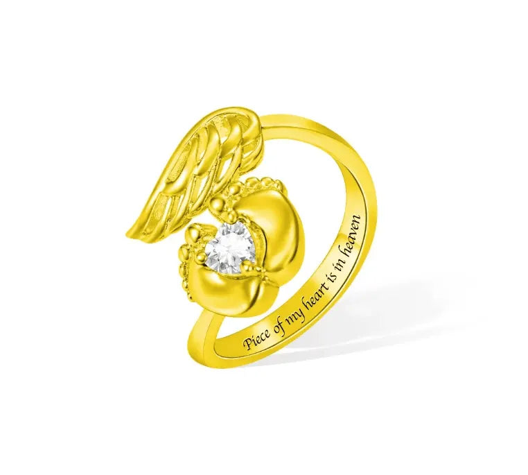 Customizable Baby Feet Angel Wings Birthstone Ring in Sterling Silver or Brass – Personalized Memorial Jewelry for New Moms - Belbren