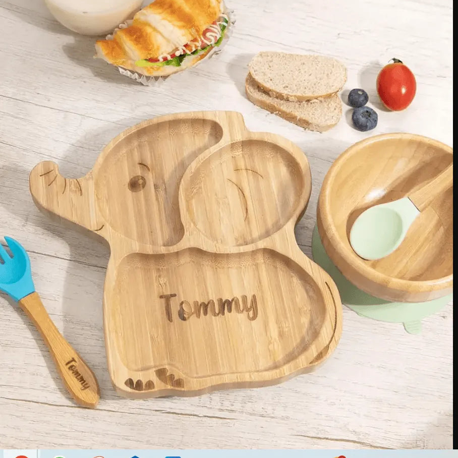 Customizable Bamboo Baby Feeding Set with Suction Bowl and Spoon - Animal Shaped, Non-Toxic, Child-Safe Mealtime Kit - Belbren