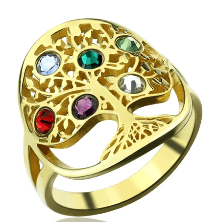 Customizable Family Tree Birthstone Ring - 925 Sterling Silver, Gold & Rose Gold Plated Options - Belbren