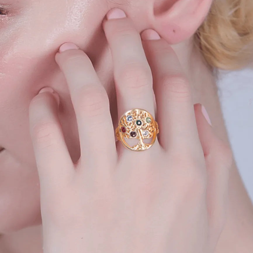 Customizable Family Tree Birthstone Ring - 925 Sterling Silver, Gold & Rose Gold Plated Options - Belbren