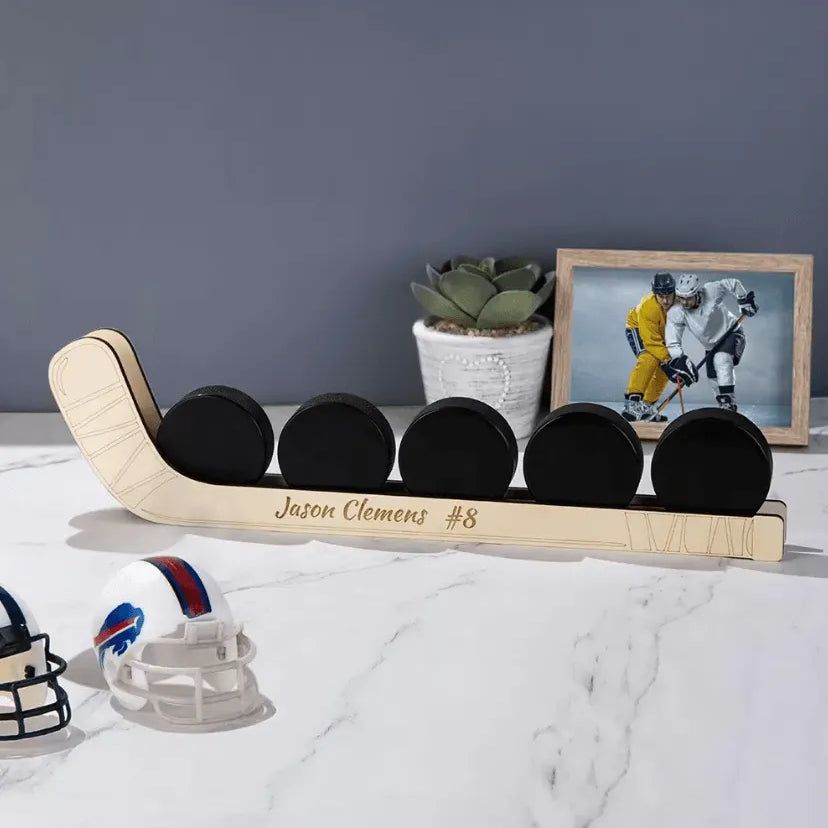 Customizable Hockey Puck Display Shelf – Personalized Wooden Hockey Stick Rack for Wall or Table – Perfect Gift for Hockey Players and Fans - Belbren