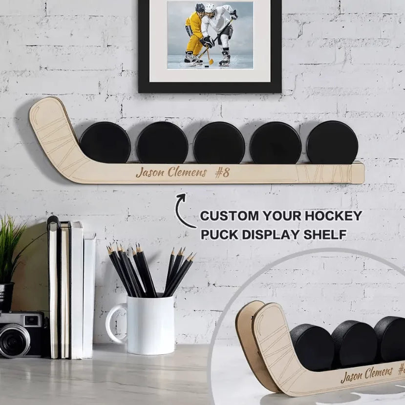 Customizable Hockey Puck Display Shelf – Personalized Wooden Hockey Stick Rack for Wall or Table – Perfect Gift for Hockey Players and Fans - Belbren