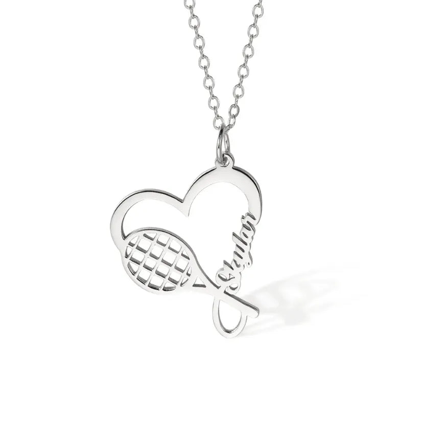Customizable Name Tennis Racket Necklace - Silver Tennis Necklace with Heart Charm, Sports Jewelry, Birthday Gifts for Athletes and Tennis Lovers - Belbren