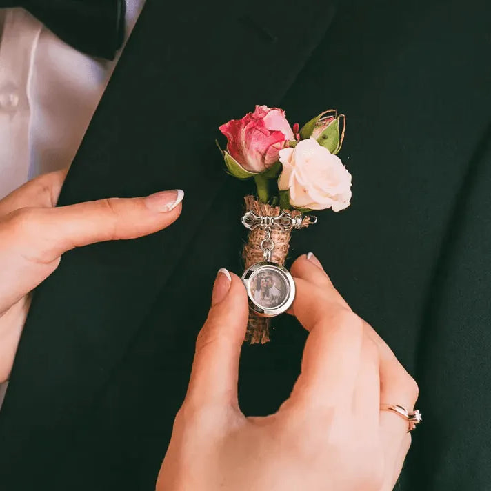 Elegant Bridal Bouquet Photo Charm and Groom's Photo Lapel Pin - Personalized Keepsake - Belbren