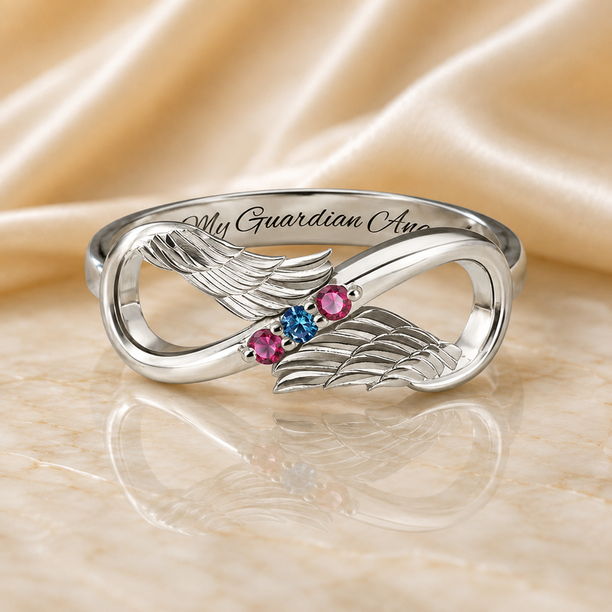 Silver guardian angel infinity ring with personalized birthstones