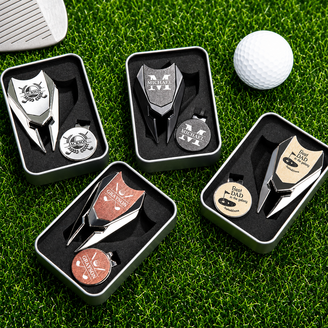 Personalized golf divot repair tool sets in silver black brown and yellow designs