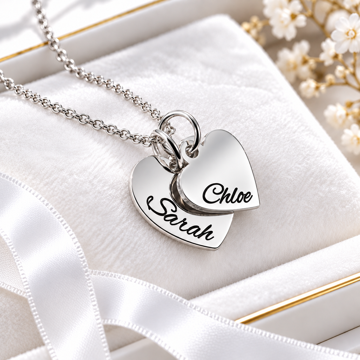 Personalized silver double heart necklace with engraved names