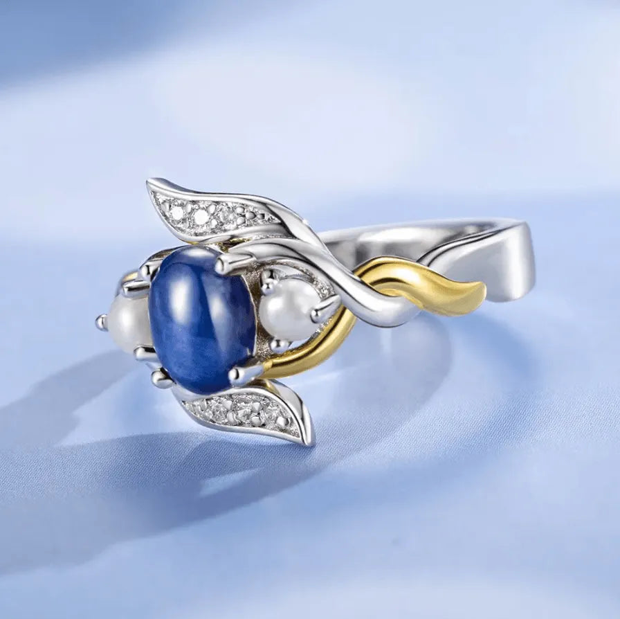 Exquisite Blue Star Sapphire and Pearl Ring - Sterling Silver with 18K Gold Plating, Starry Mountains Night Court Jewelry, Perfect Bookish Gift - Belbren