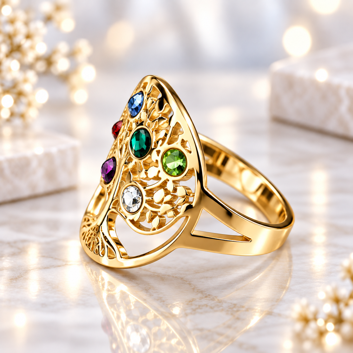Side view of gold family tree birthstone ring with colorful stones