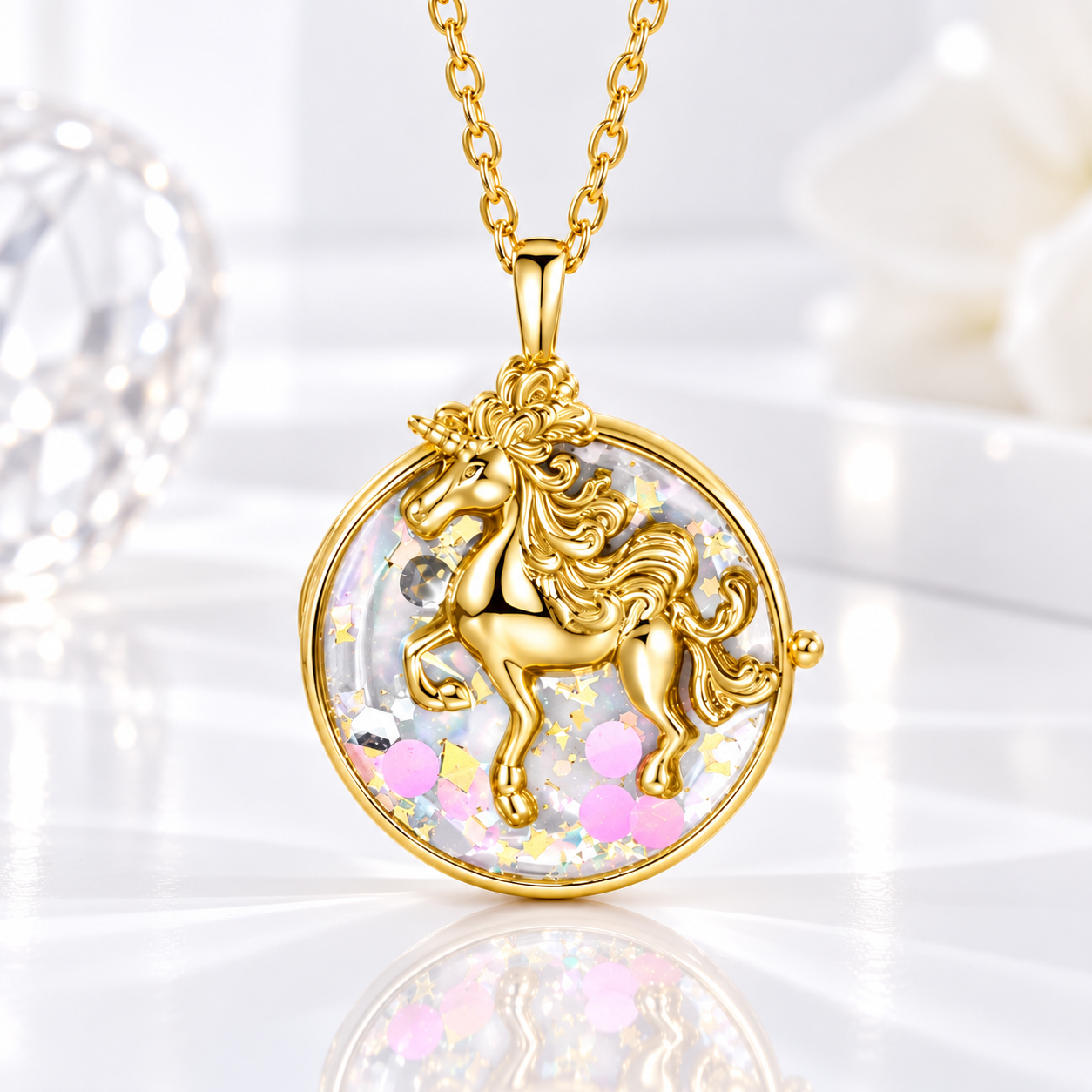 Gold round unicorn locket necklace for girls with 3D unicorn design