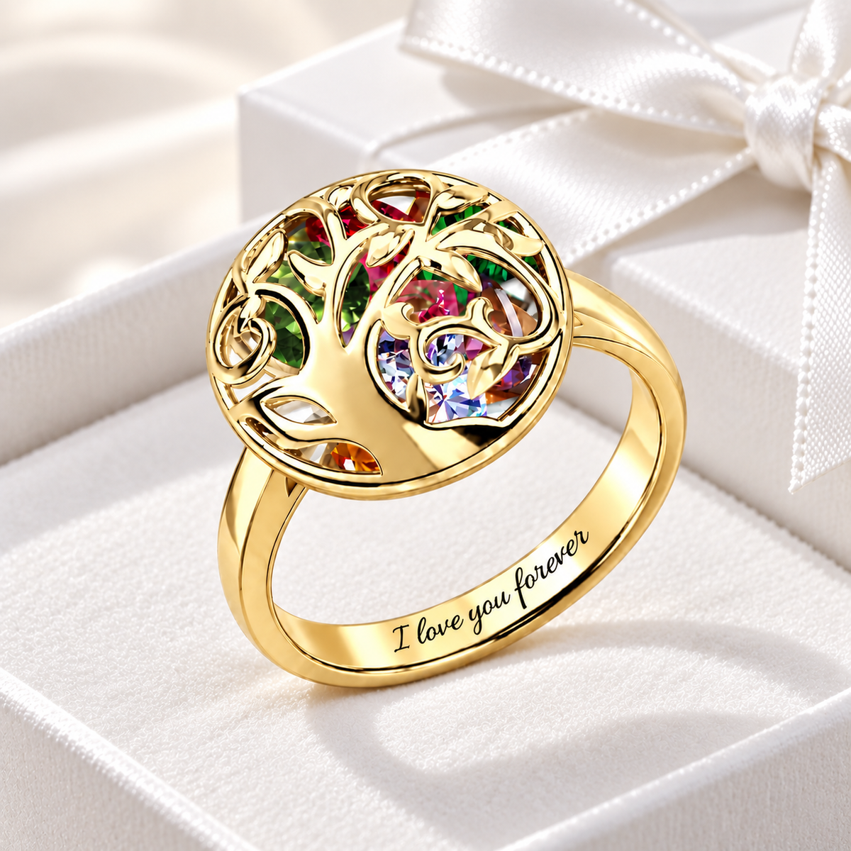 Gold personalized round family tree birthstone ring with engraved band