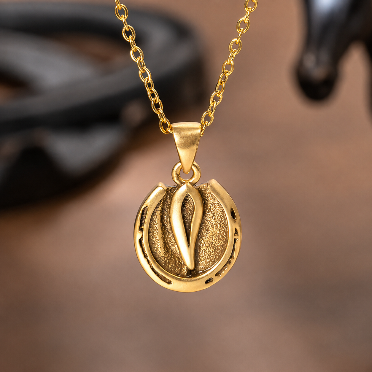 Gold horse hoof and horseshoe pendant necklace close-up
