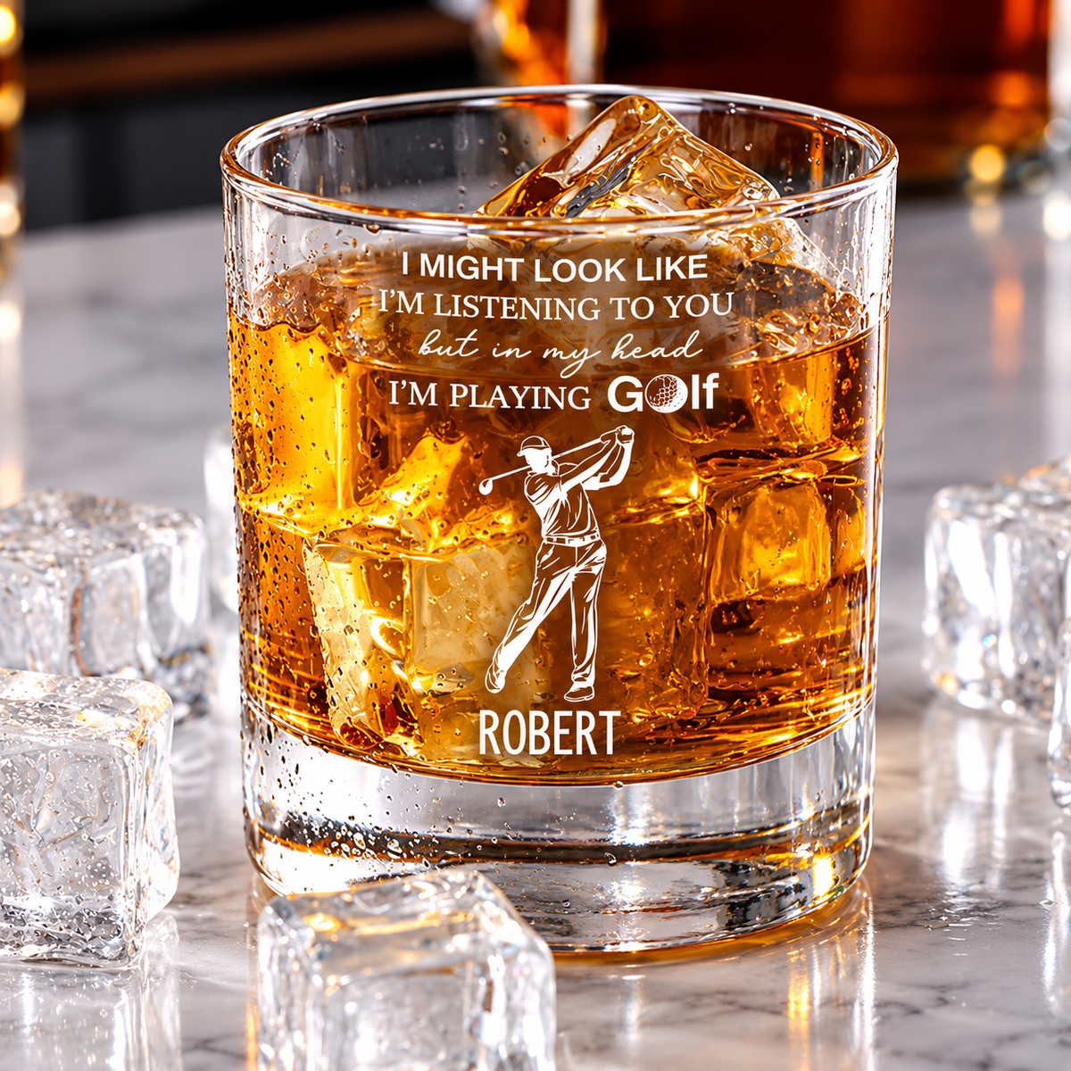 Personalized golf whiskey glass with custom name, golfer design and whiskey on ice