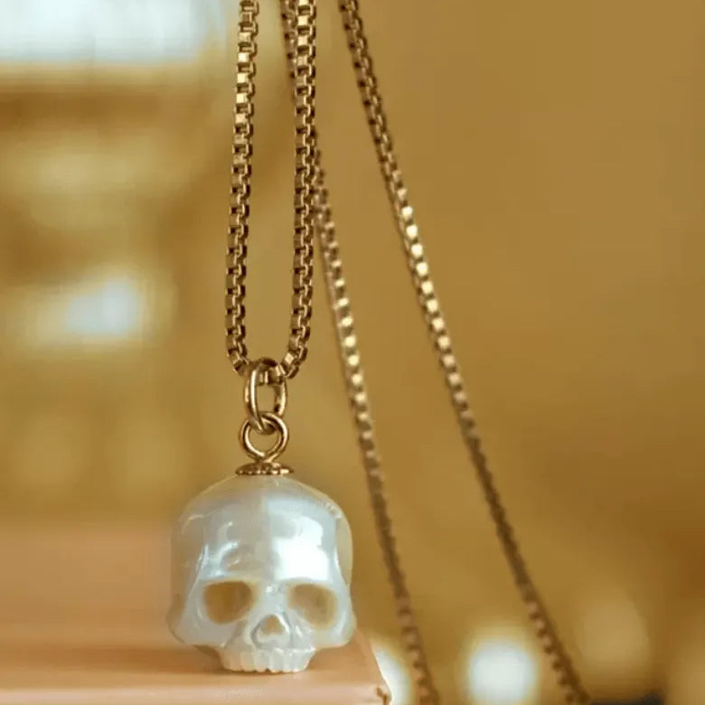 Handcrafted Skull Necklace in Sterling Silver 925 & Gold - Elegant Pearl Pendant, Gothic-Inspired Jewelry, Perfect for Couples - Belbren