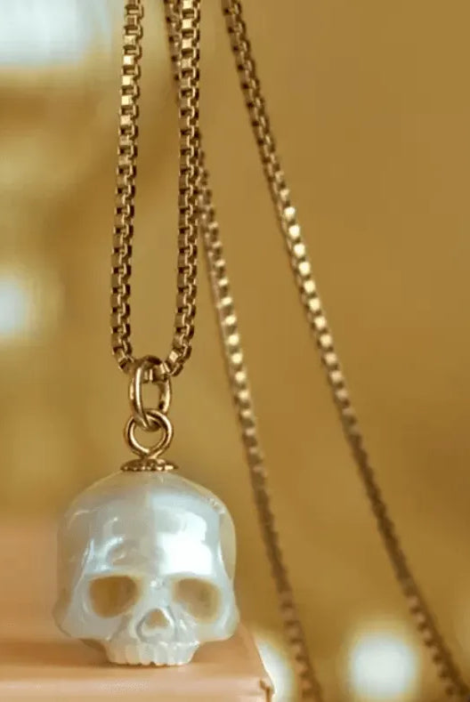 Handcrafted Skull Necklace in Sterling Silver 925 & Gold - Elegant Pearl Pendant, Gothic-Inspired Jewelry, Perfect for Couples - Belbren