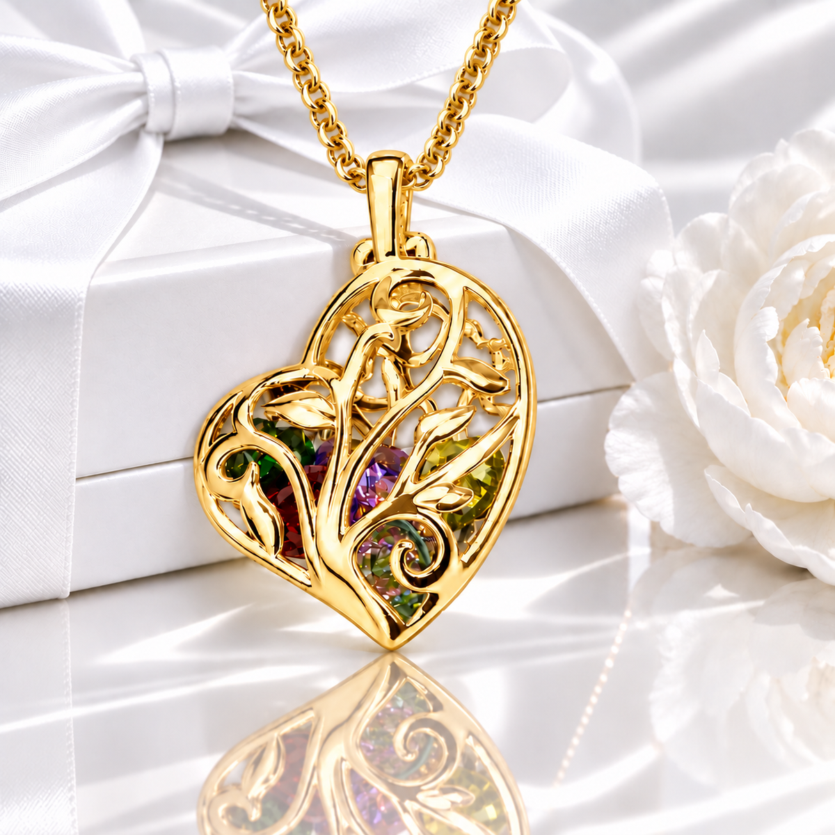 Gold family tree heart cage necklace with floating birthstones