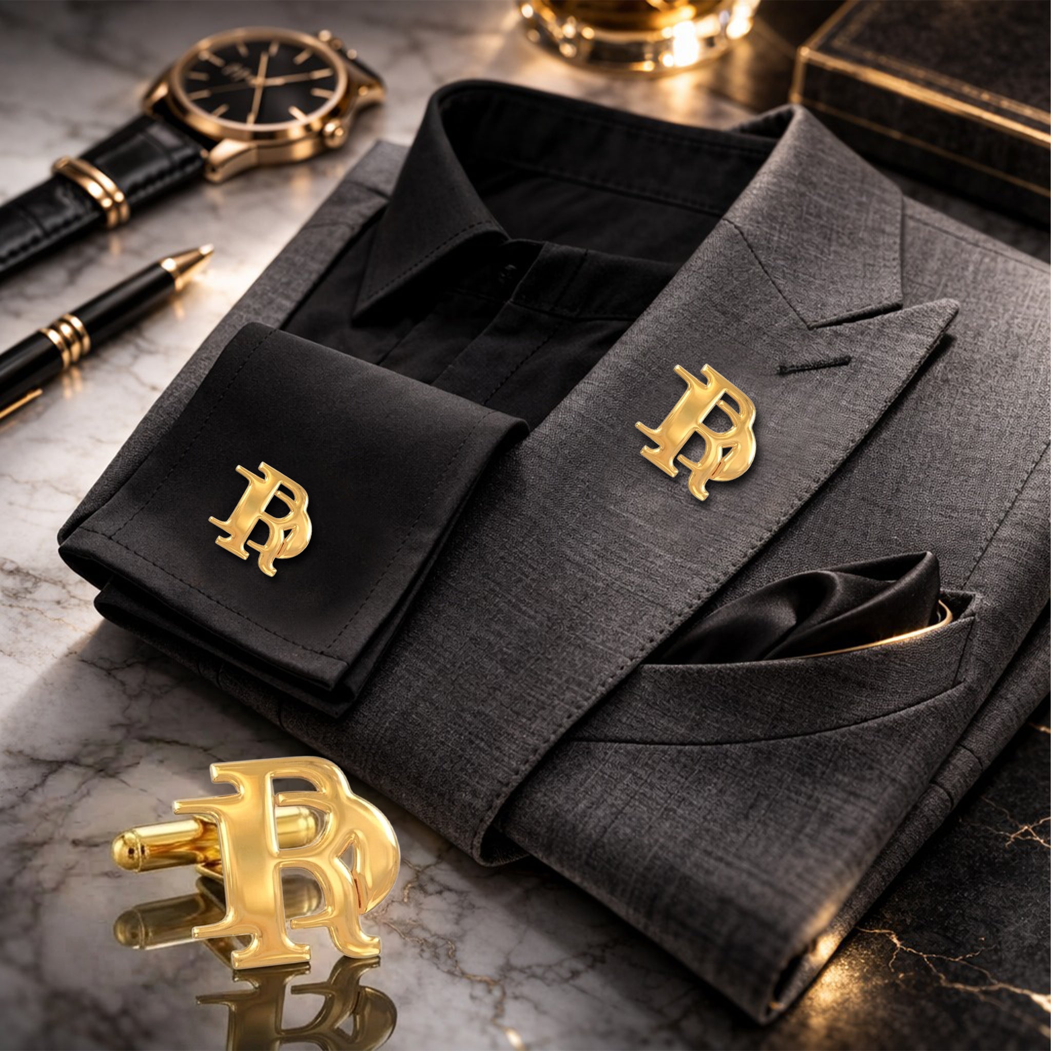 Gold interlocking initials cufflinks and matching lapel pin set displayed with a charcoal grey suit