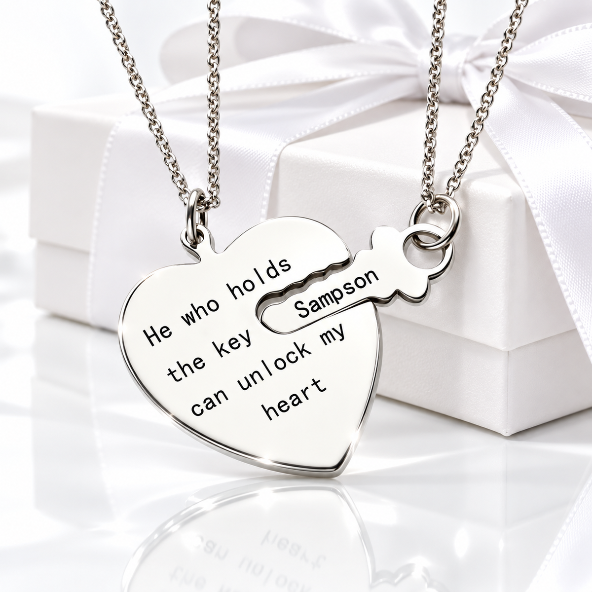 Personalized silver key to my heart necklace for couples