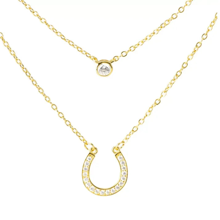 Layered Horseshoe Necklace | Dainty Cubic Zirconia Pendant | Good Luck Jewelry for Women | Elegant Double Chain Design - Belbren