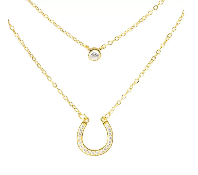 Layered Horseshoe Necklace | Dainty Cubic Zirconia Pendant | Good Luck Jewelry for Women | Elegant Double Chain Design - Belbren