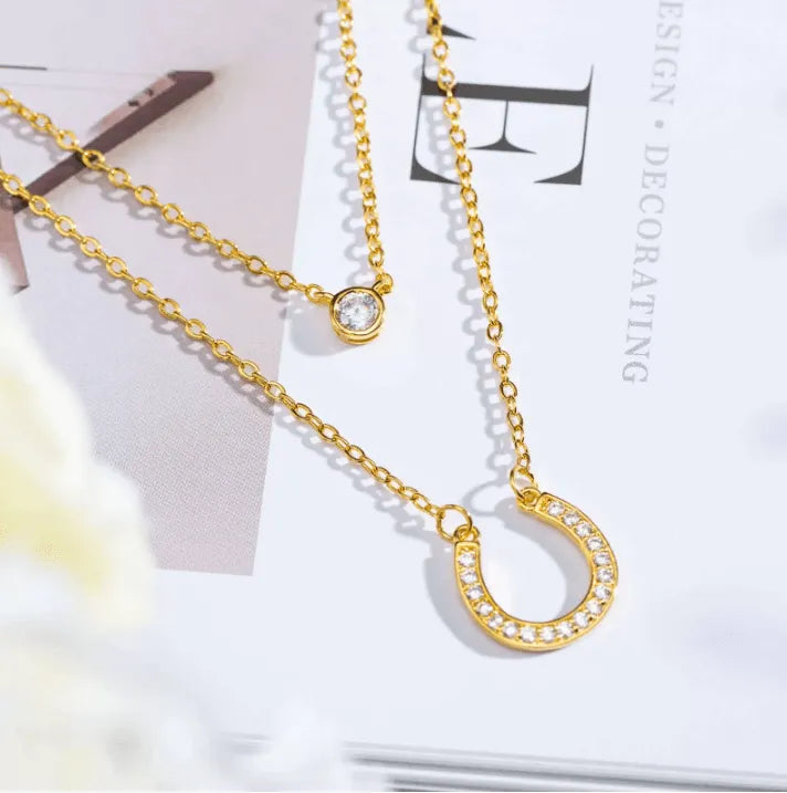 Layered Horseshoe Necklace | Dainty Cubic Zirconia Pendant | Good Luck Jewelry for Women | Elegant Double Chain Design - Belbren