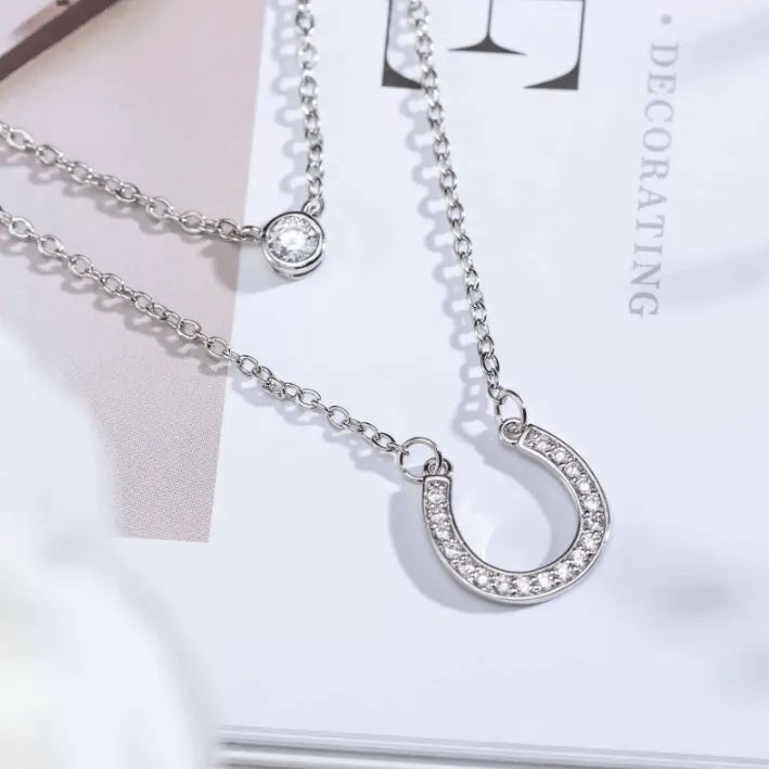 Layered Horseshoe Necklace | Dainty Cubic Zirconia Pendant | Good Luck Jewelry for Women | Elegant Double Chain Design - Belbren