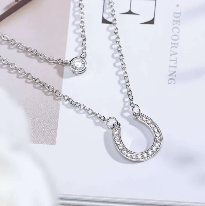 Layered Horseshoe Necklace | Dainty Cubic Zirconia Pendant | Good Luck Jewelry for Women | Elegant Double Chain Design - Belbren
