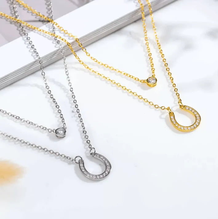 Layered Horseshoe Necklace | Dainty Cubic Zirconia Pendant | Good Luck Jewelry for Women | Elegant Double Chain Design - Belbren