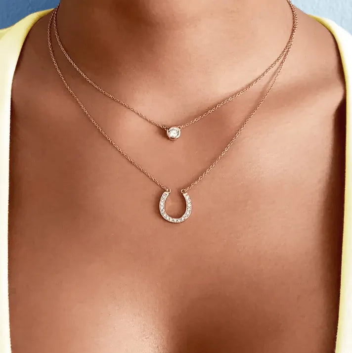 Layered Horseshoe Necklace | Dainty Cubic Zirconia Pendant | Good Luck Jewelry for Women | Elegant Double Chain Design - Belbren