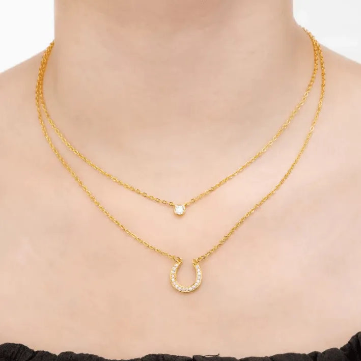 Layered Horseshoe Necklace | Dainty Cubic Zirconia Pendant | Good Luck Jewelry for Women | Elegant Double Chain Design - Belbren