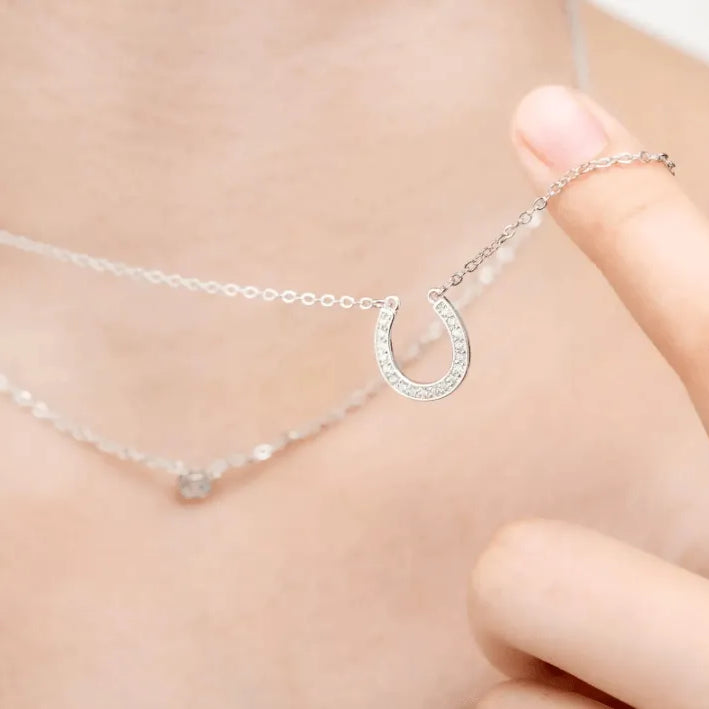 Layered Horseshoe Necklace | Dainty Cubic Zirconia Pendant | Good Luck Jewelry for Women | Elegant Double Chain Design - Belbren
