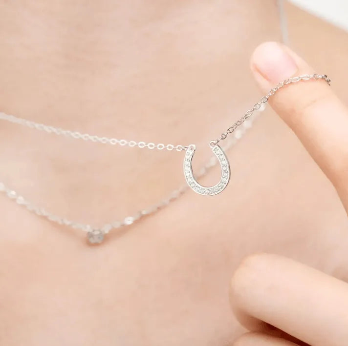 Layered Horseshoe Necklace | Dainty Cubic Zirconia Pendant | Good Luck Jewelry for Women | Elegant Double Chain Design - Belbren
