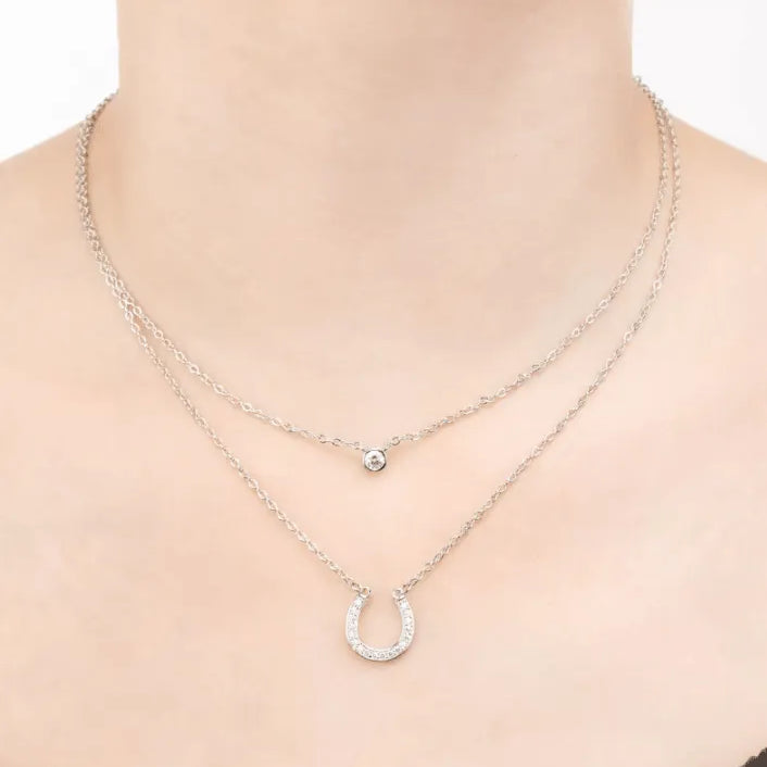 Layered Horseshoe Necklace | Dainty Cubic Zirconia Pendant | Good Luck Jewelry for Women | Elegant Double Chain Design - Belbren