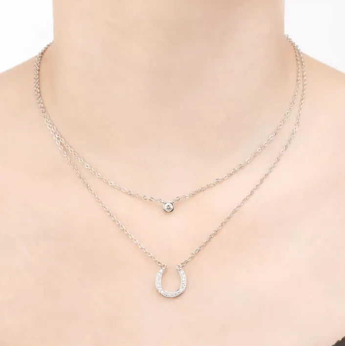 Layered Horseshoe Necklace | Dainty Cubic Zirconia Pendant | Good Luck Jewelry for Women | Elegant Double Chain Design - Belbren