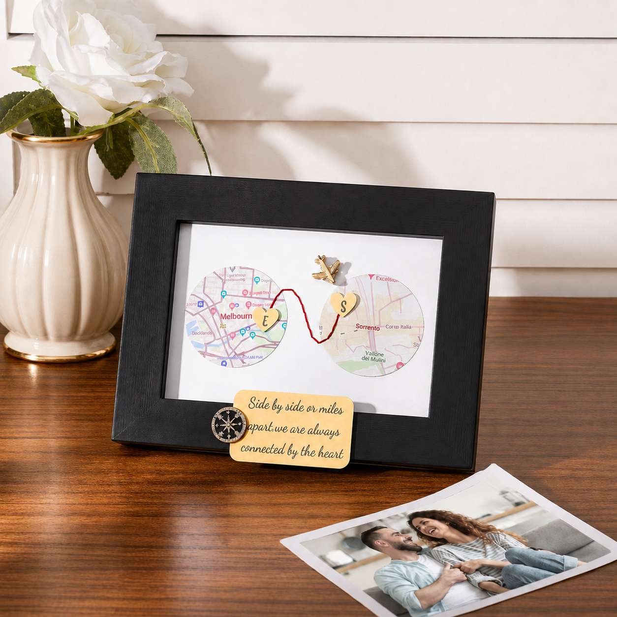 Personalized two location map frame displayed on a wooden table