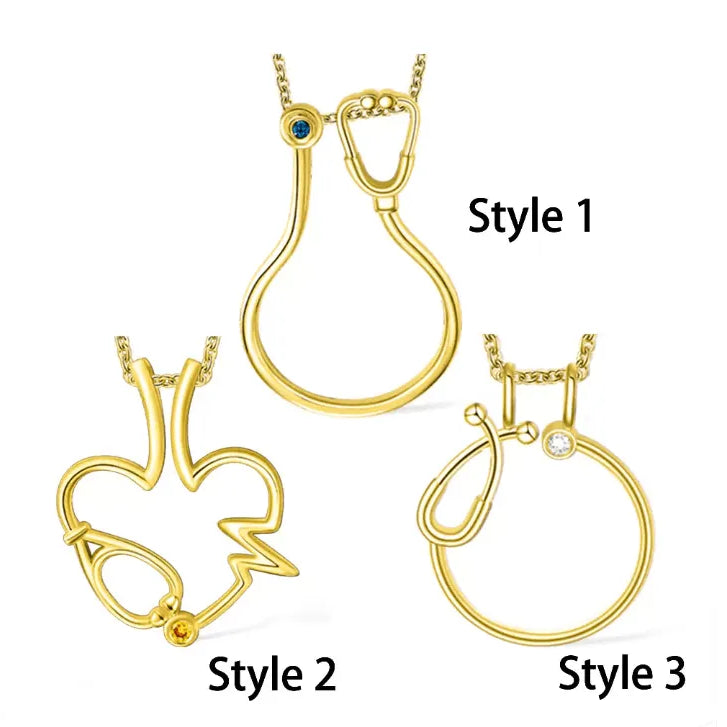 Medical Elements Ring Holder Necklace - Personalized Stethoscope, Heart, and EKG Design with Custom Birthstone - Perfect Gift for Doctors and Nurses - Belbren