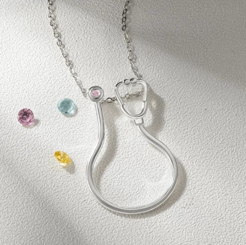 Medical Elements Ring Holder Necklace - Personalized Stethoscope, Heart, and EKG Design with Custom Birthstone - Perfect Gift for Doctors and Nurses - Belbren