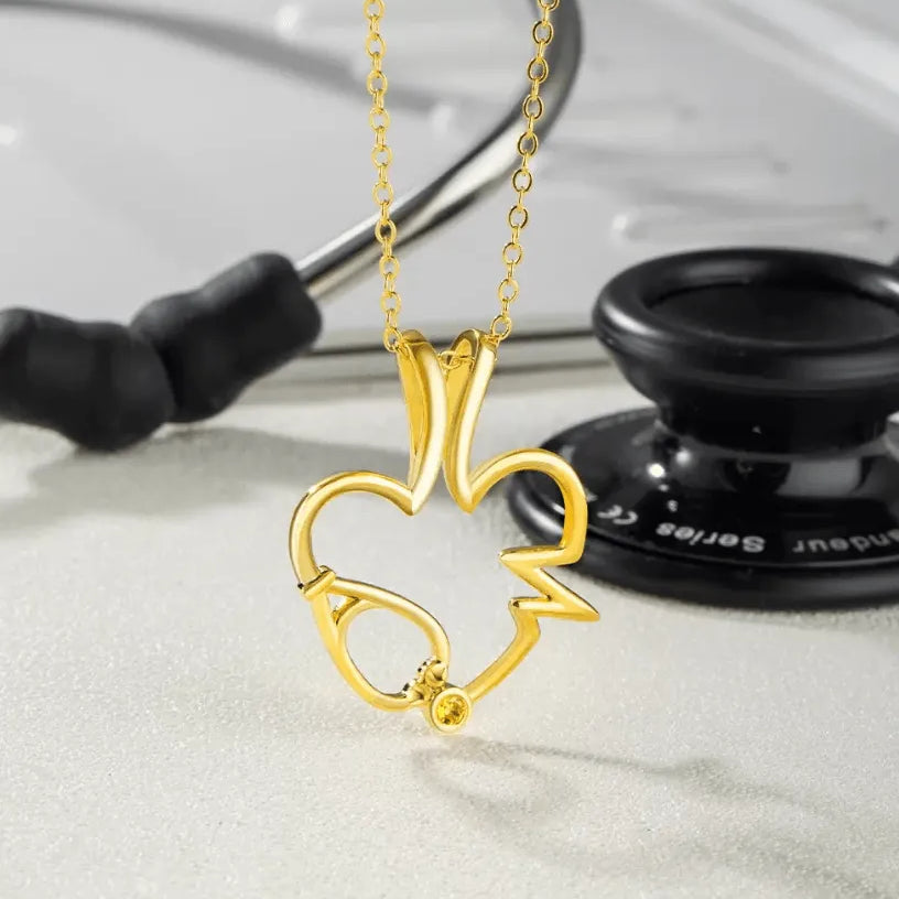 Medical Elements Ring Holder Necklace - Personalized Stethoscope, Heart, and EKG Design with Custom Birthstone - Perfect Gift for Doctors and Nurses - Belbren